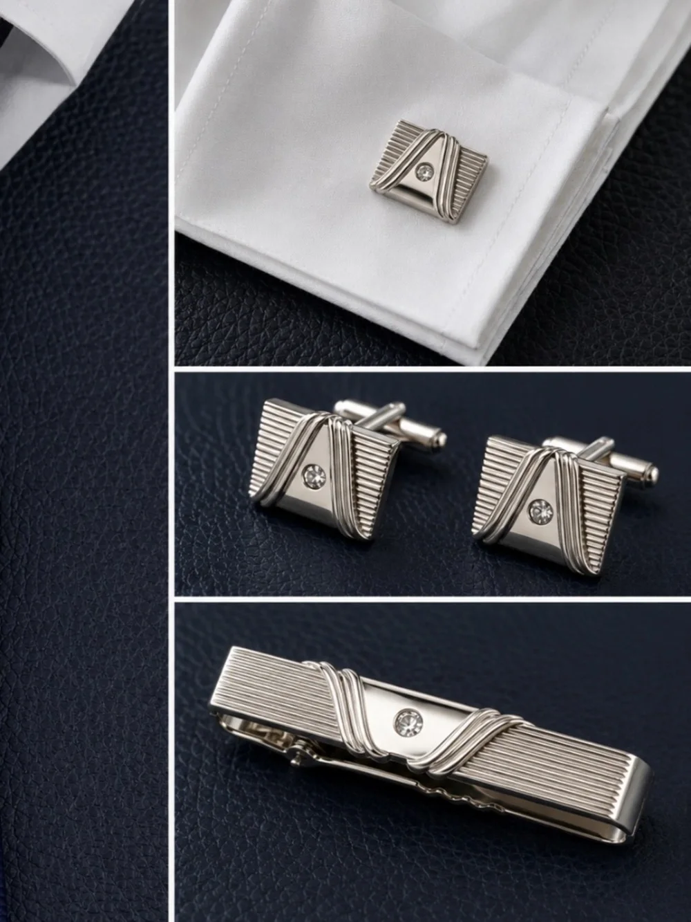 Vintage Anson Silver Tone Tie Bar & Cufflinks Set Rhinestone Formal Menswear